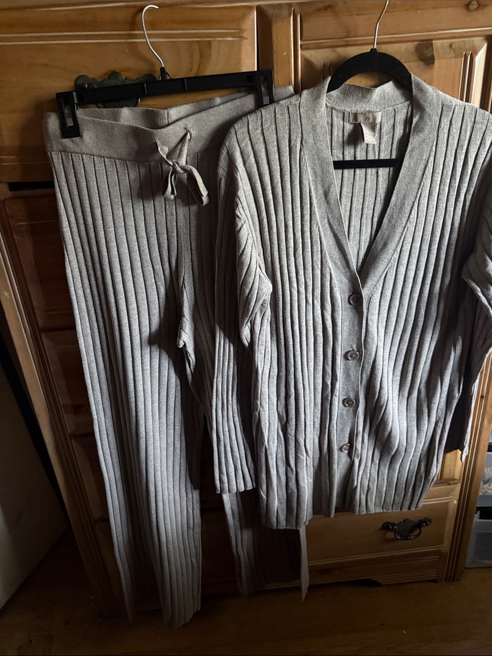 H&M Wide-Leg Ribbed Knit Pants and Button Cardigan in Light Taupe